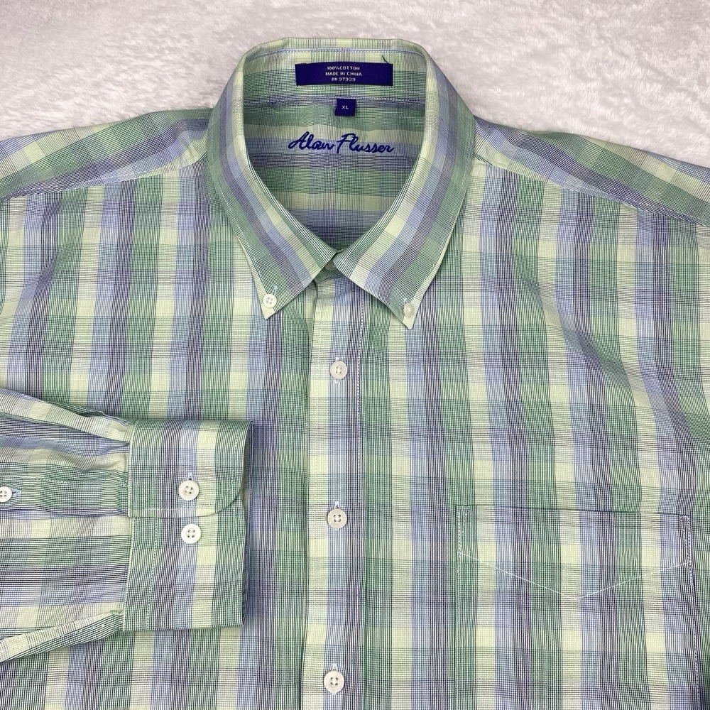 Alan‎ Flusser Dress Shirt Mens XL Green/Blue Checks Long Sleeves